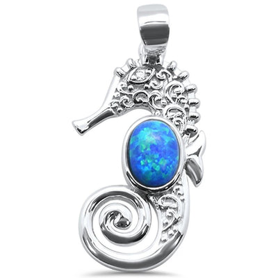 Sterling Silver Blue Opal Sea Horse Charm Pendant
