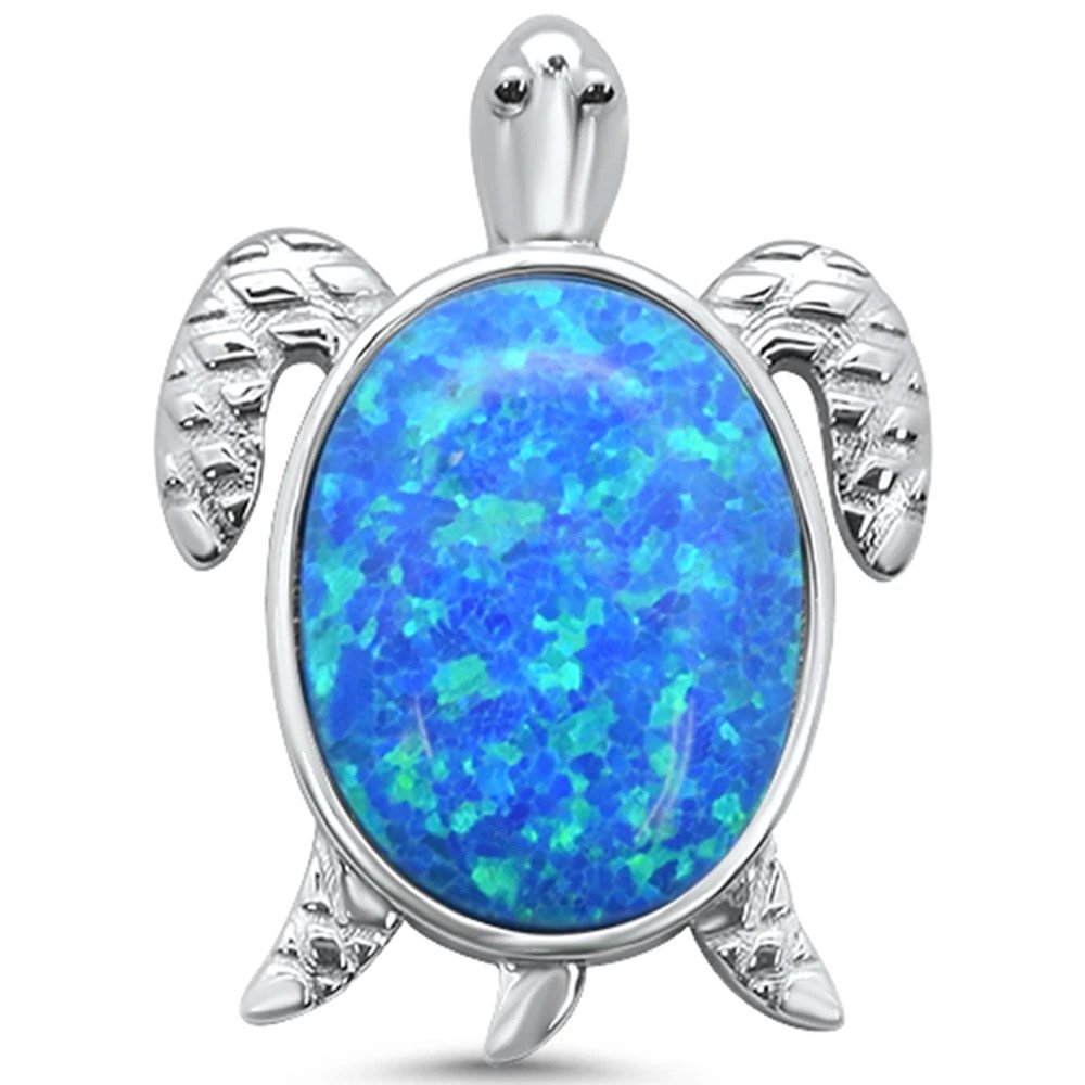 Sterling Silver Blue Opal Oval Turtle Charm Pendant