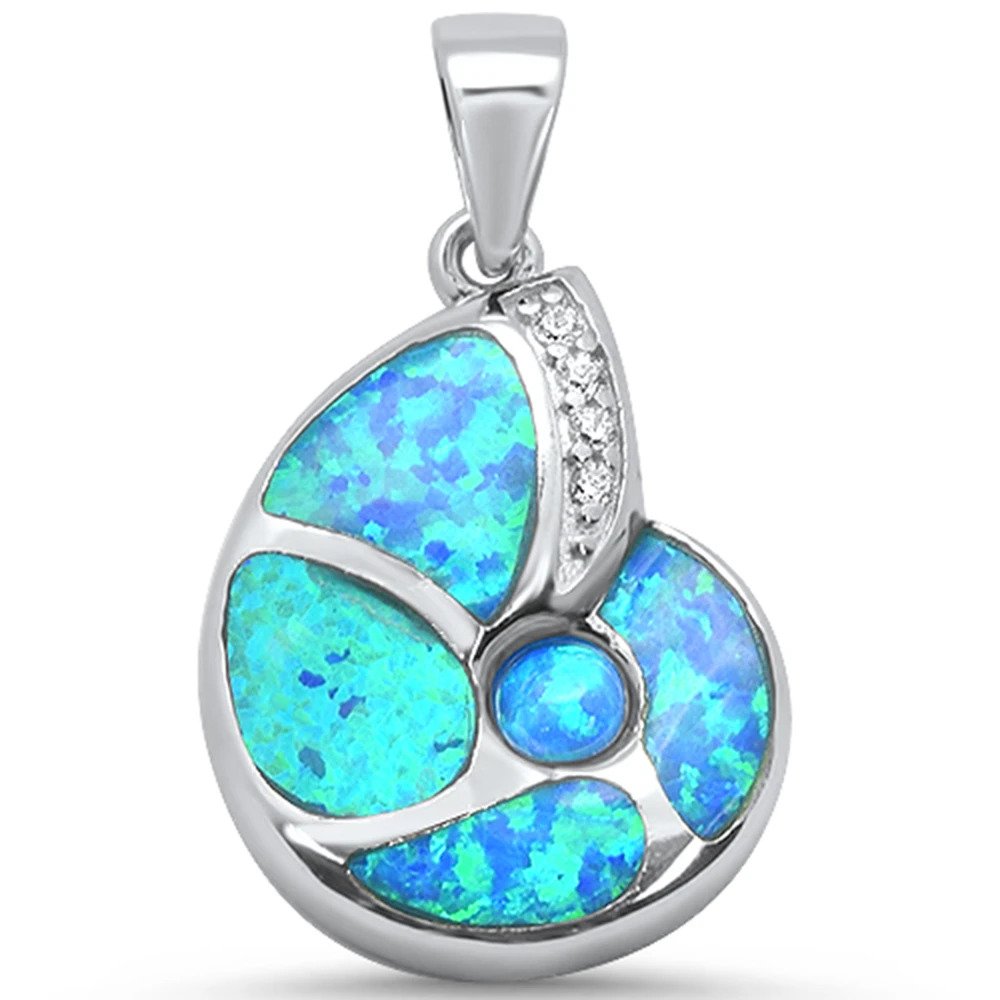 Sterling Silver Blue Opal and Cz Snail Shell Charm Pendant