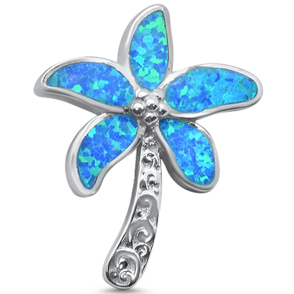 Sterling Silver Blue Opal Beach Palm Tree Charm Pendant