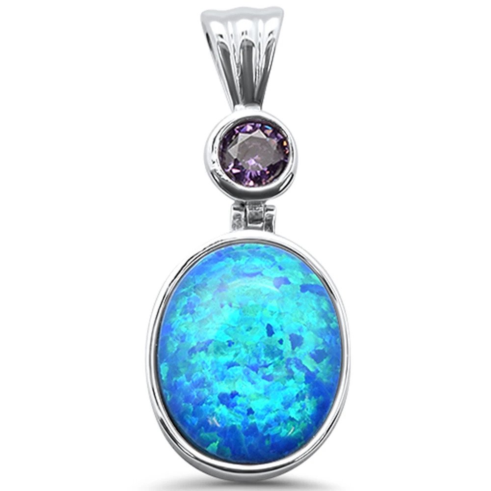 Sterling Silver Blue Opal Oval Charm Pendant