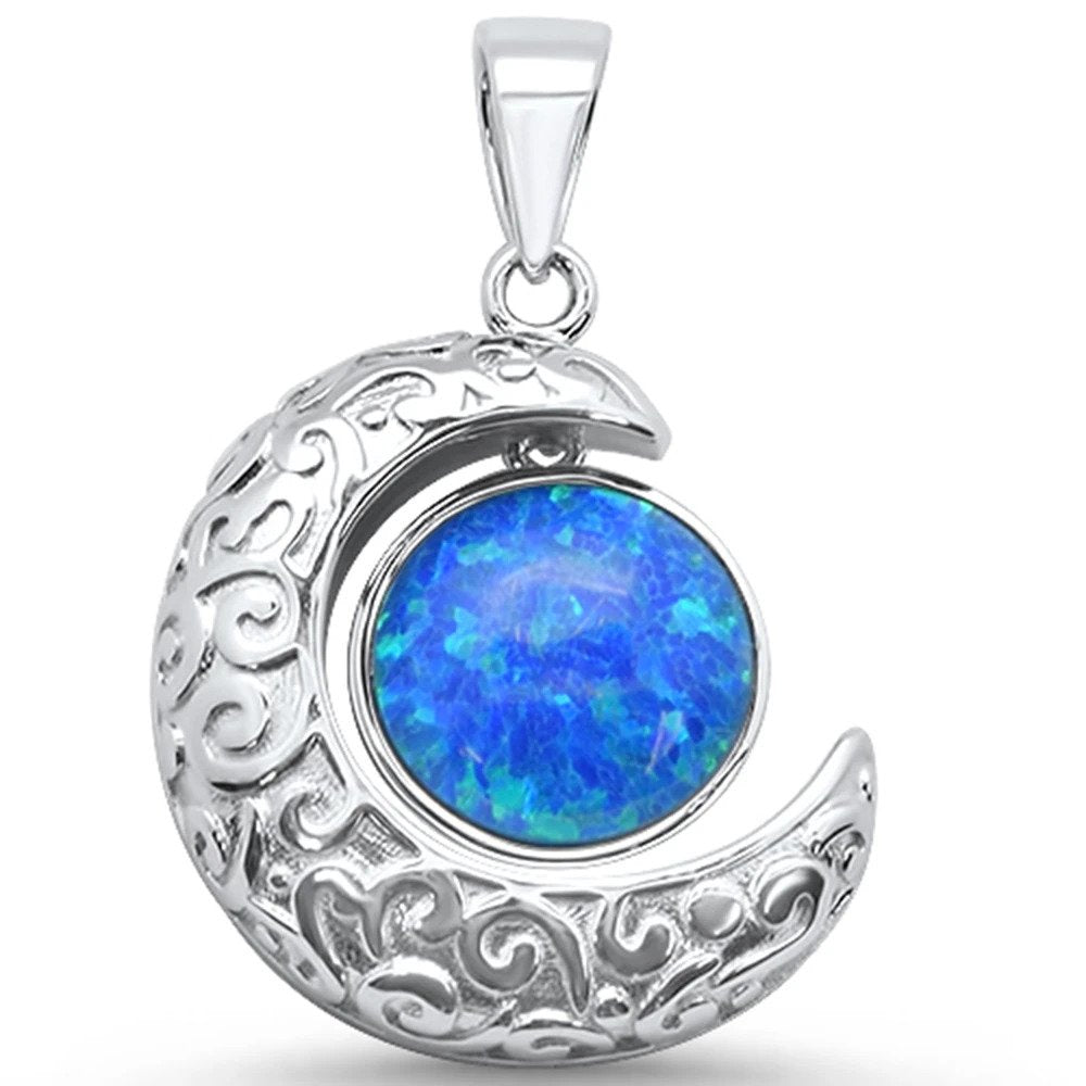 Sterling Silver Blue Opal Crescent Moon Charm Pendant