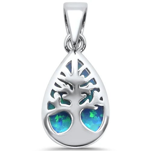 Sterling Silver Pear Shape Blue Opal Tree Of Life Pendant