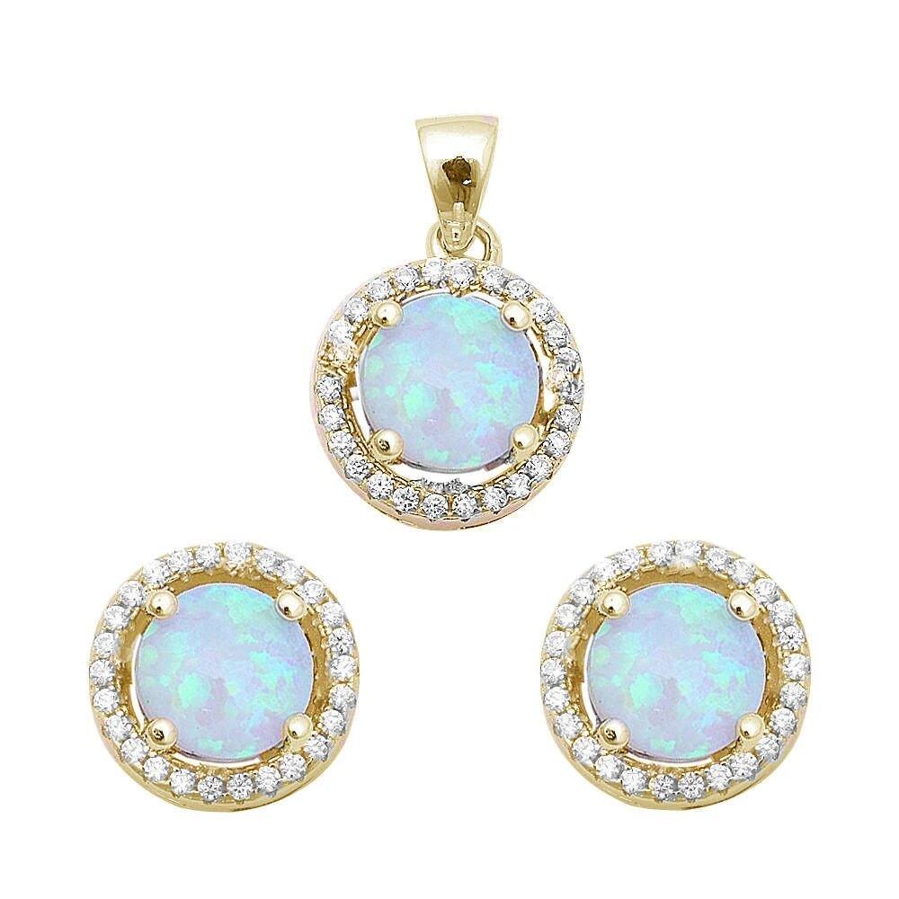 Sterling Silver Yellow Gold Plated Halo White Fire Opal and Cubic Zirconia Earring and Pendant Set