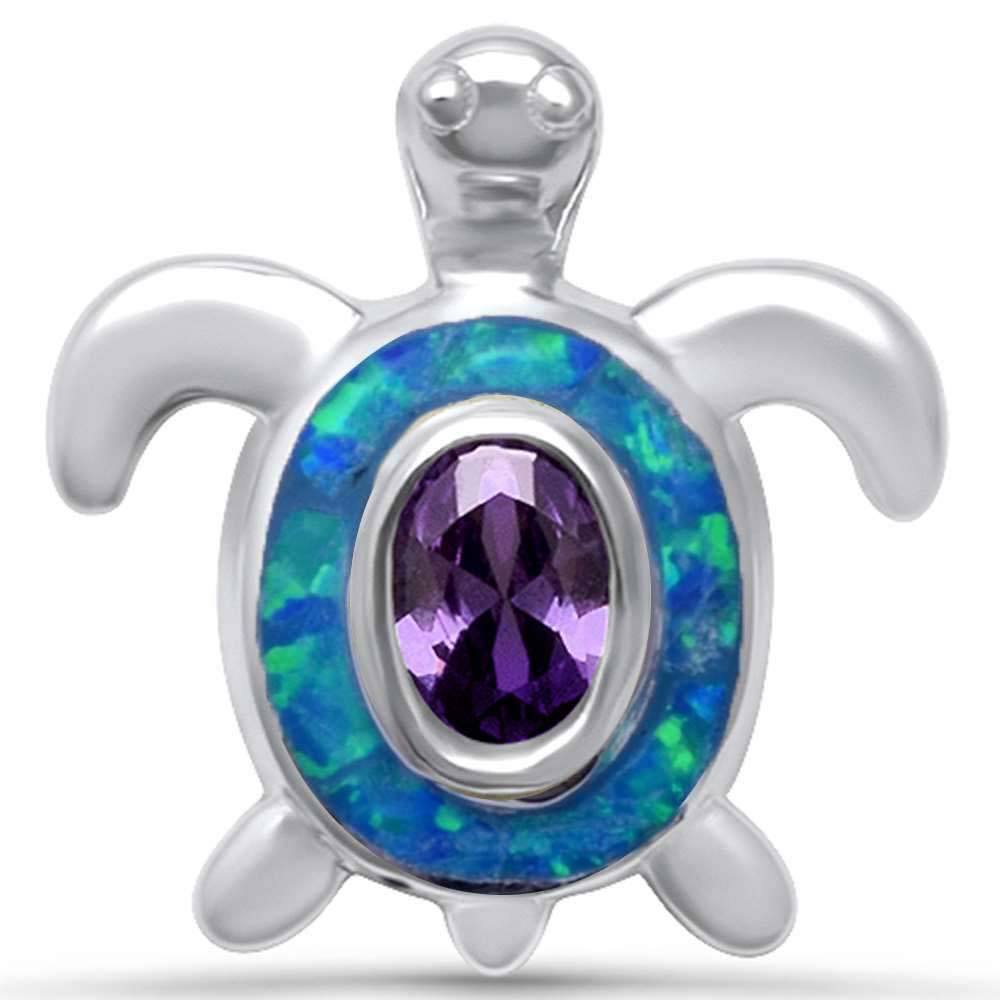 Sterling Silver Cute Blue Opal and Amethyst Turtle Pendant with CZ Stones