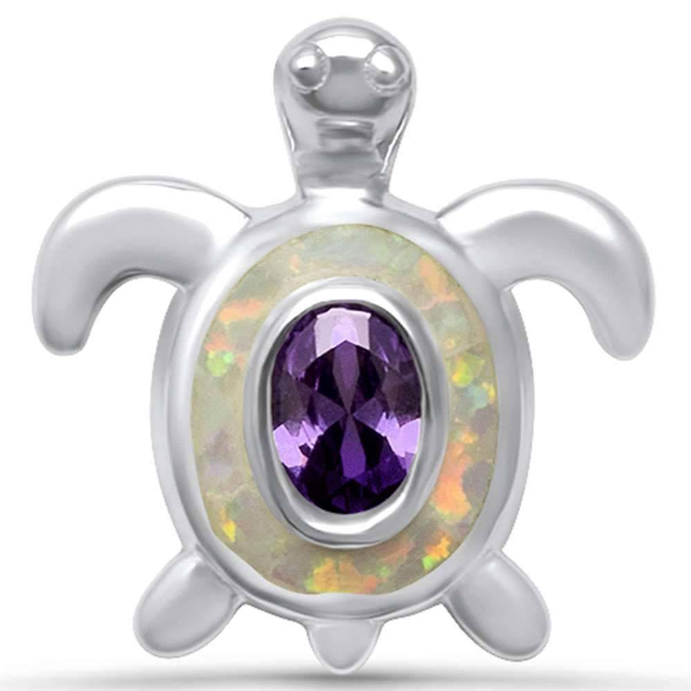 Sterling Silver Cute White Opal and Amethyst Turtle Pendant with CZ Stones