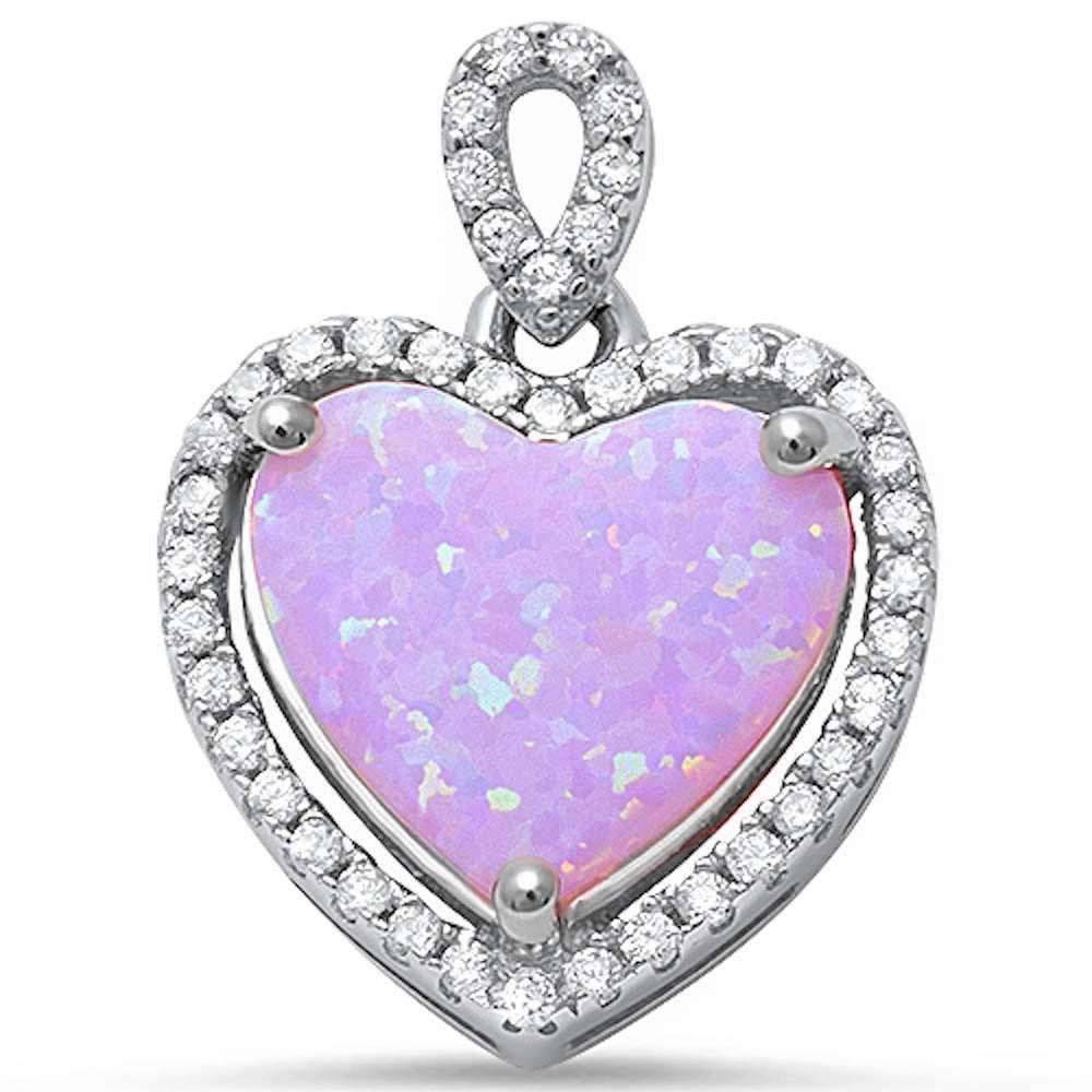 Sterling Silver Pink Fire Opal and Cubic Zirconia Heart Charm Pendant