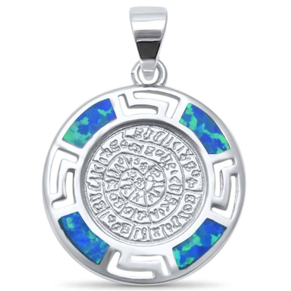 Sterling Silver Blue Opal Ancient Writing Disc .925  Charm PendantAnd Width 10mm