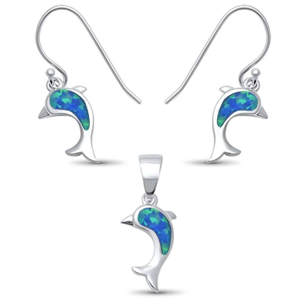 Sterling Silver Blue Opal Dolphin .925 Earring & Pendant setAnd Width 9mmAnd Length 0.5inches