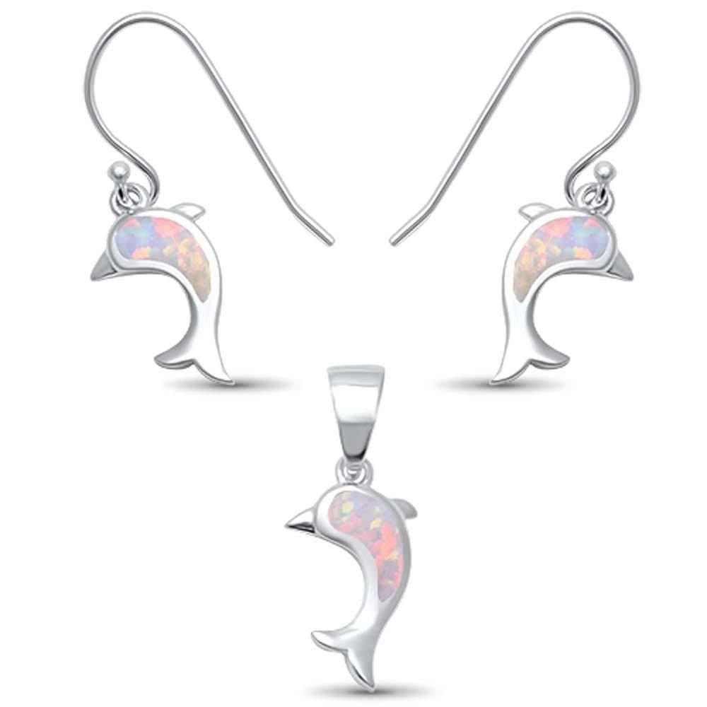 Sterling Silver White Opal Dolphin .925 Earring & Pendant setAnd Width 9mmAnd Length 0.5inches