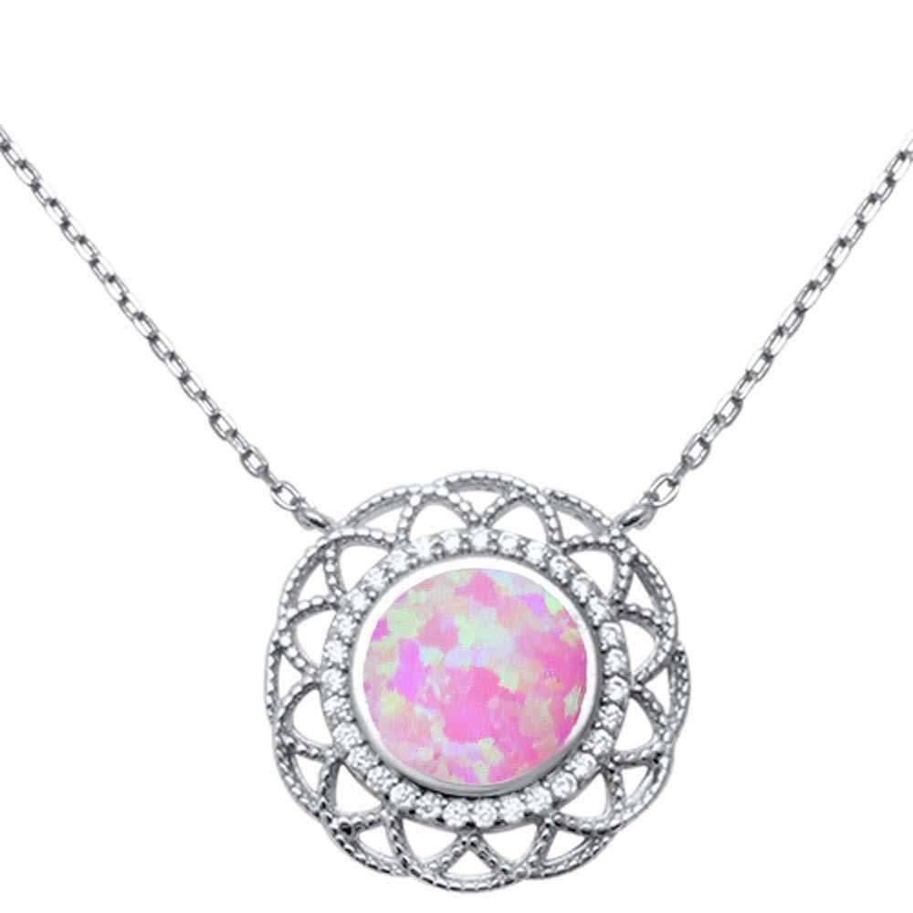 Sterling Silver Fine Filigree Lab Created Pink Opal Pendant with CZ Stones