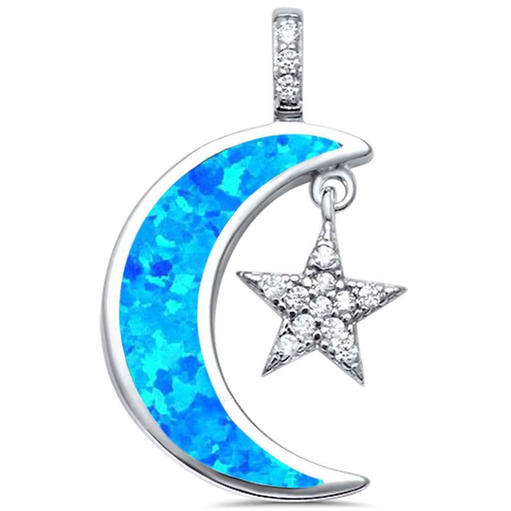 Sterling Silver Blue Opal Crescent Moon and Star Cubic Zirconia Pendant with CZ Stones