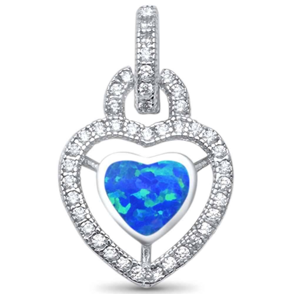 Sterling Silver Blue Opal Heart and Cubic Zirconia Pendant with CZ Stones