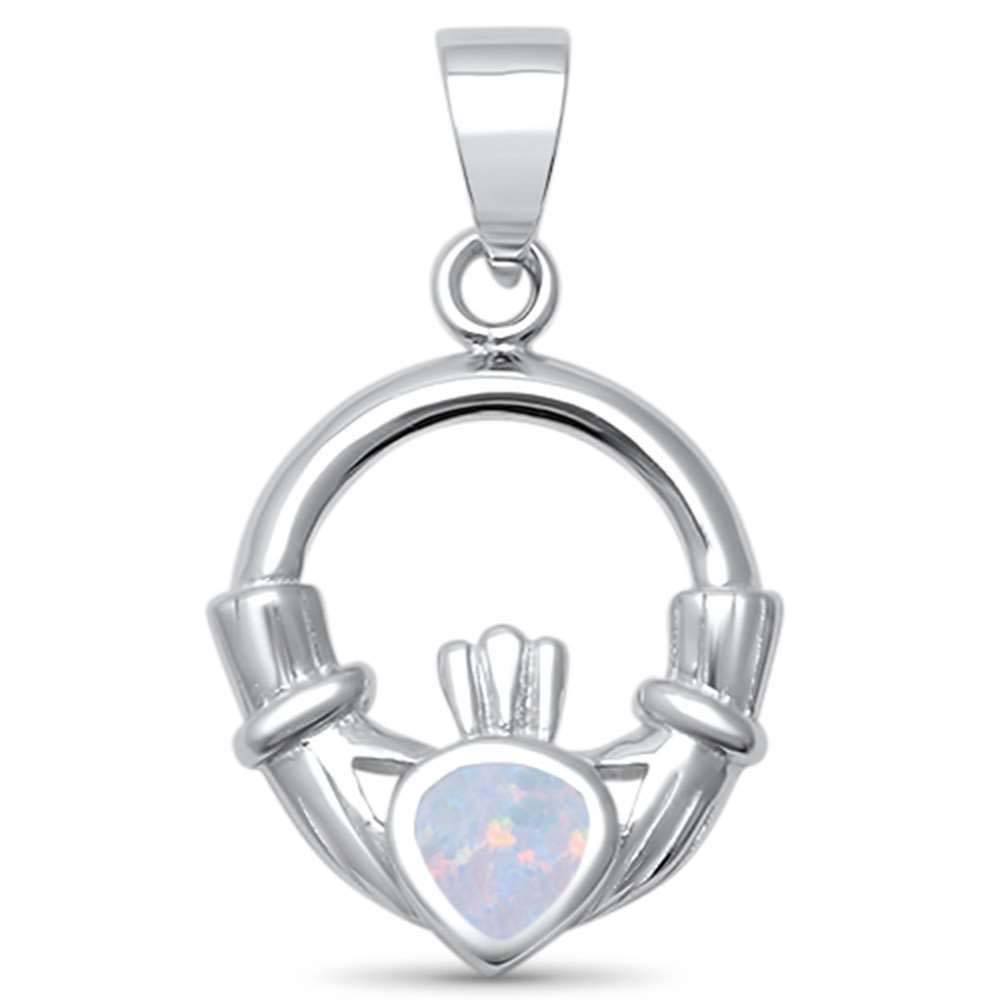 Sterling Silver White Opal Claddagh Pendant with CZ Stones