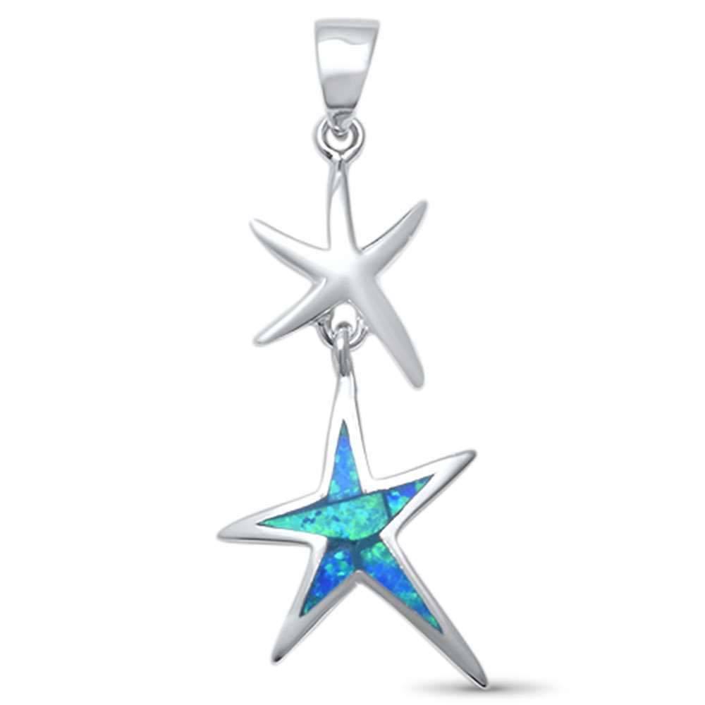 Sterling Silver Blue Opal Double Star Pendant with CZ Stones