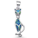 Sterling Silver Blue Opal Elegant Cat Pendant with CZ Stones