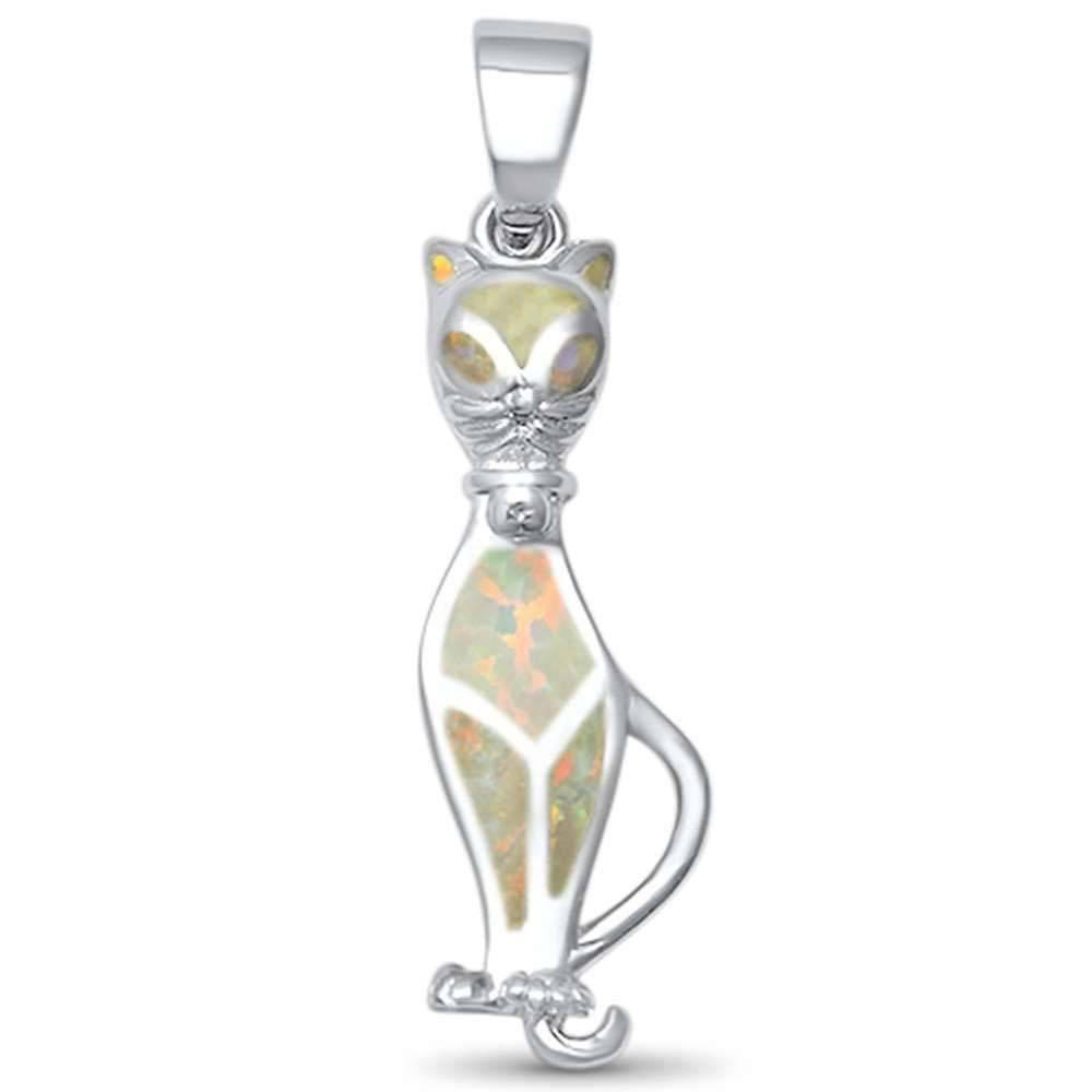 Sterling Silver White Opal Elegant Cat Pendant with CZ Stones
