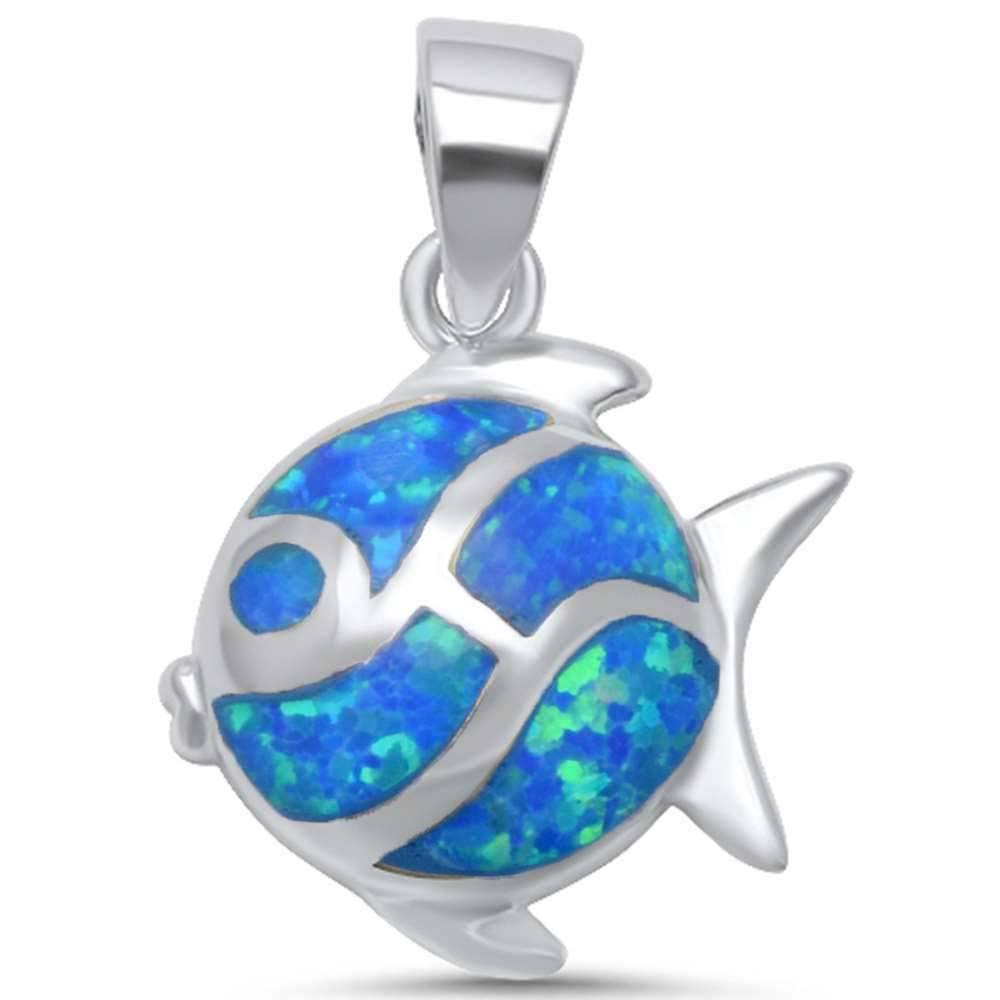 Sterling Silver Blue Opal Fish Pendant with CZ Stones