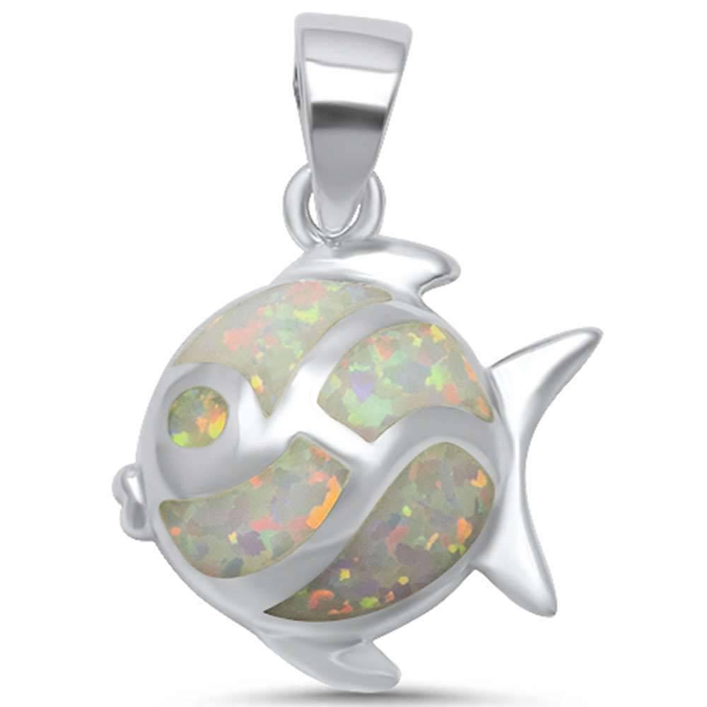 Sterling Silver White Opal Fish Pendant with CZ Stones