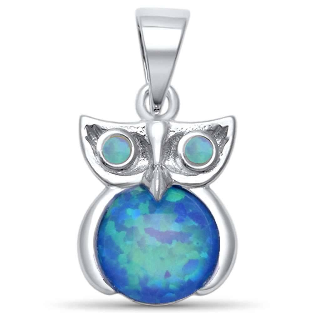 Sterling Silver Blue Opal Owl Pendant with CZ Stones
