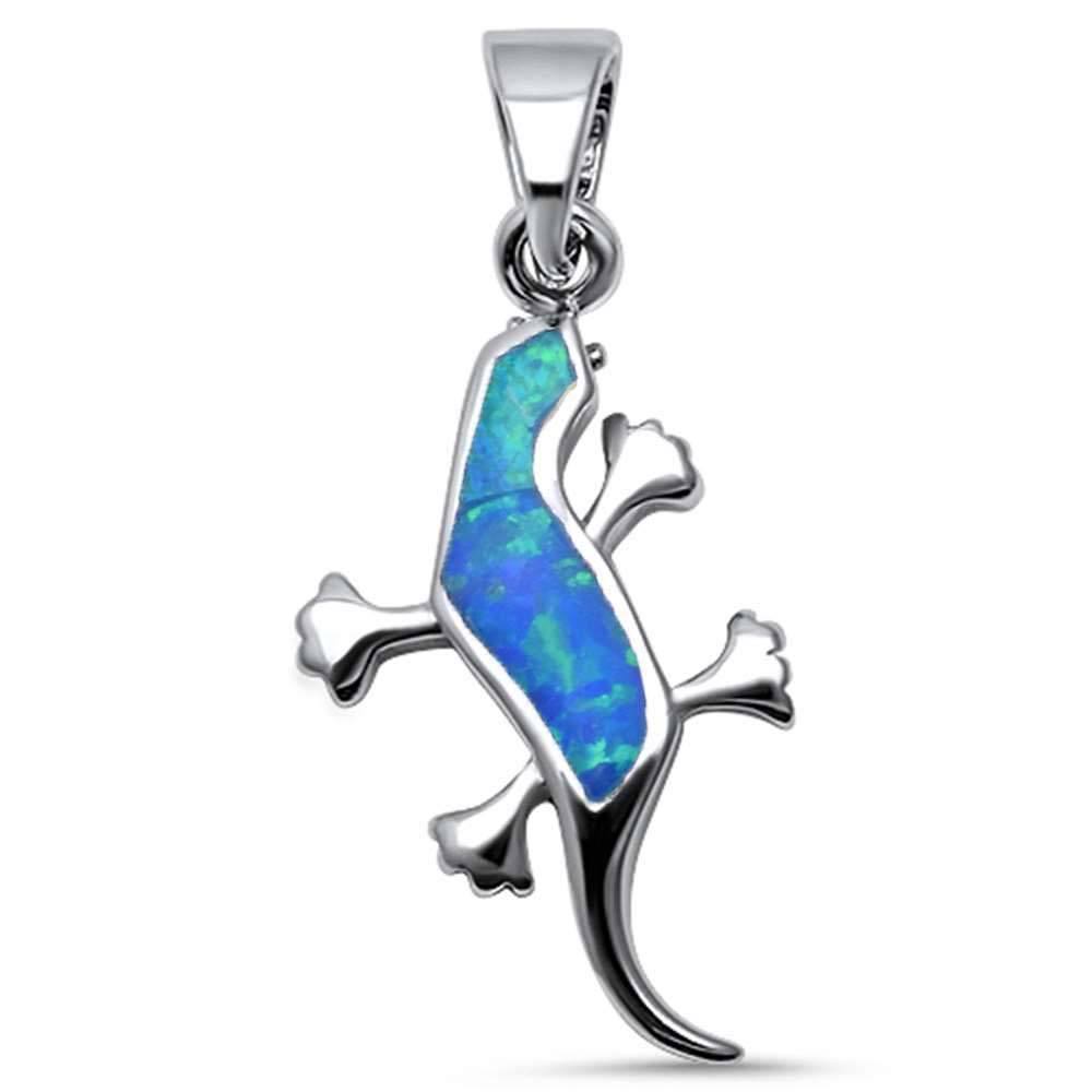 Sterling Silver Blue Opal Lizard Pendant with CZ Stones