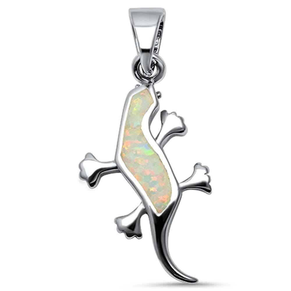 Sterling Silver White Opal Lizard Pendant with CZ Stones