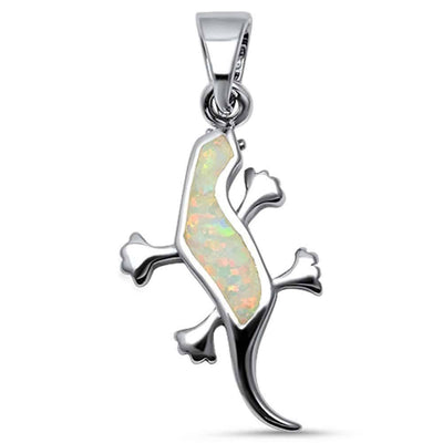Sterling Silver White Opal Lizard Pendant with CZ Stones