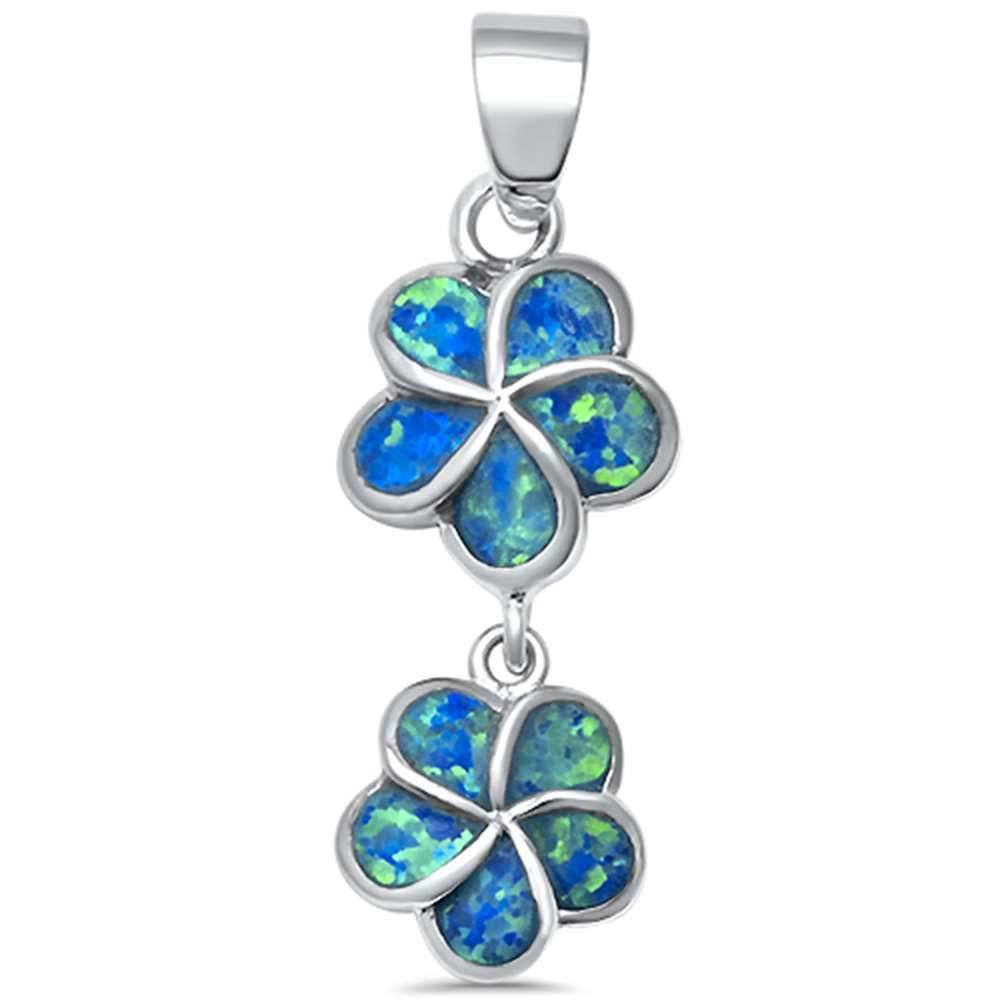 Sterling Silver Blue Opal 2 Flowers Pendant with CZ Stones