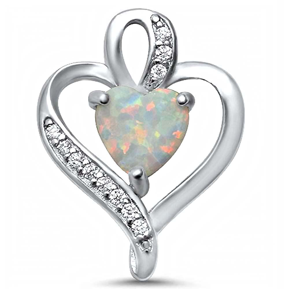 Sterling Silver White Opal Heart and CZ Pendant