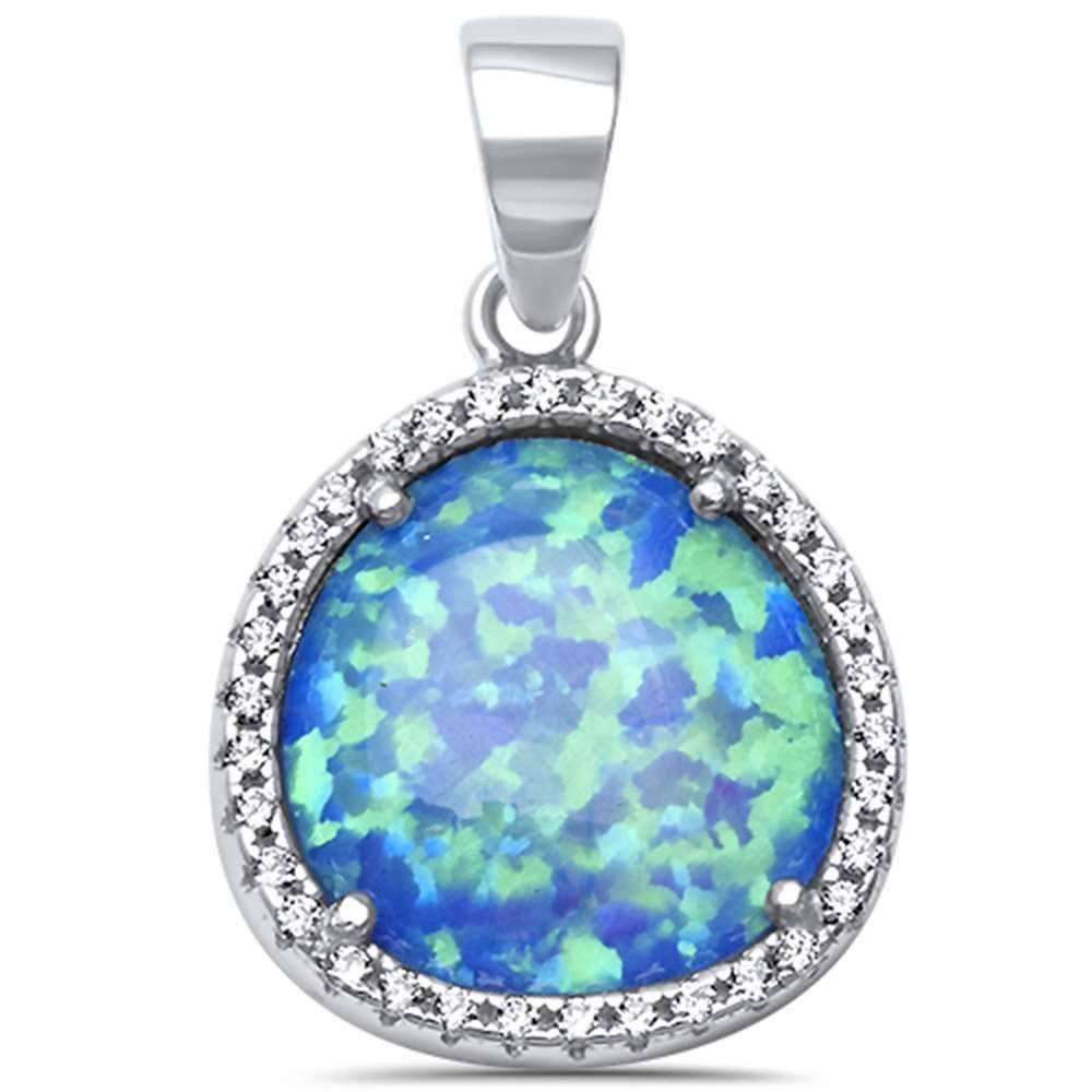 Sterling Silver Lab Created Blue Opal and Cubic Zirconia Pendant with CZ Stones