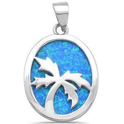Sterling Silver Solid Blue Opal With Palm Tree Design Pendant