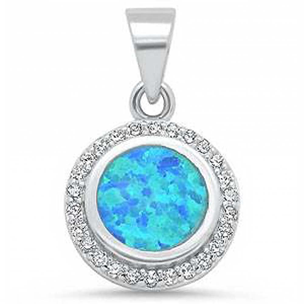 Sterling Silver Round Blue Opal and Cubic Zirconia Pendant