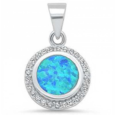 Sterling Silver Round Blue Opal and Cubic Zirconia Pendant
