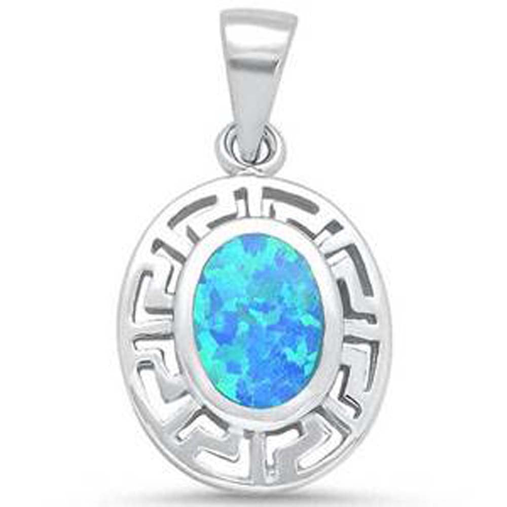 Sterling Silver Oval Blue Opal Greek Key Design Pendant