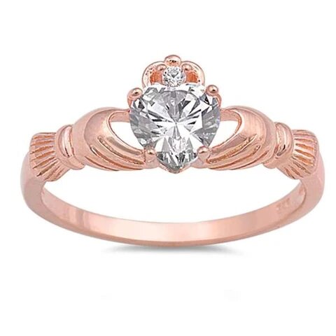 Sterling Silver Rose Gold Plated And Cubic Zirconia Claddagh Ring