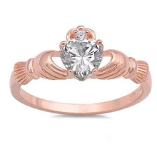 Load image into Gallery viewer, Sterling Silver Rose Gold Plated And Cubic Zirconia Claddagh Ring