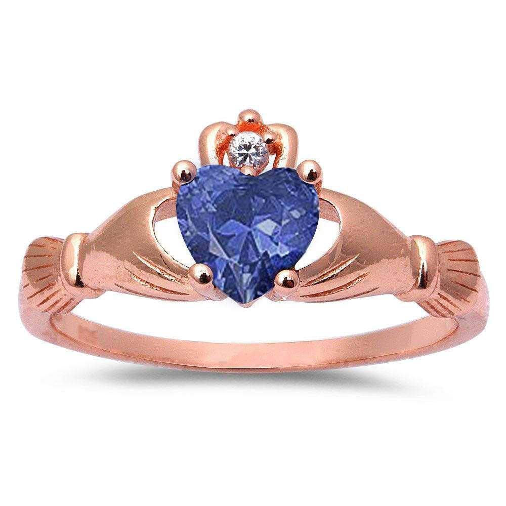 Sterling Silver Claddagh Rings Rose Gold Plated Tanzanite and Cubic Zirconia Claddagh with CZ StonesAndWidth 9 mm