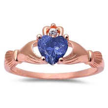 Load image into Gallery viewer, Sterling Silver Claddagh Rings Rose Gold Plated Tanzanite and Cubic Zirconia Claddagh with CZ StonesAndWidth 9 mm