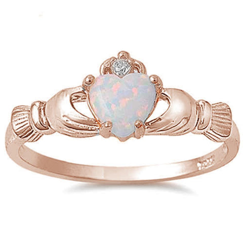 Sterling Silver Rose Gold Plated White Opal and Cubic Zirconia Ring
