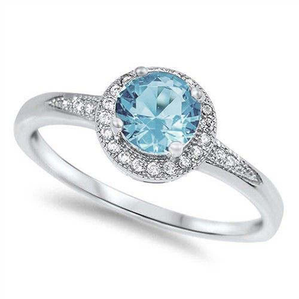 Sterling Silver Halo Style Aquamarine & Cz Promise Engagement  Ring