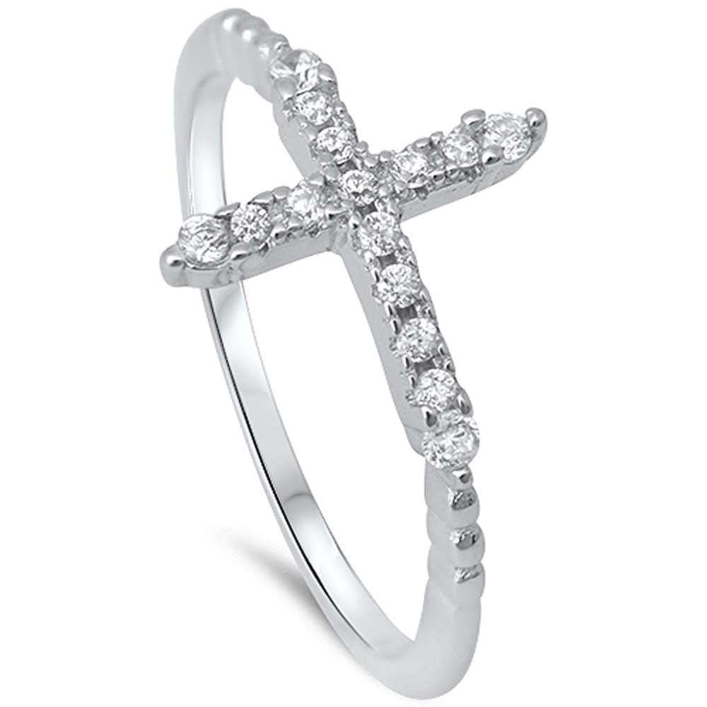 Sterling Silver Cubic Zirconia Sideways Cross RingAnd Width 12mm