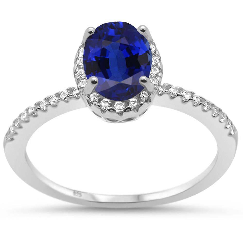 Sterling Silver Oval Cut Blue Sapphire and Cubic Zirconia Engagement Ring