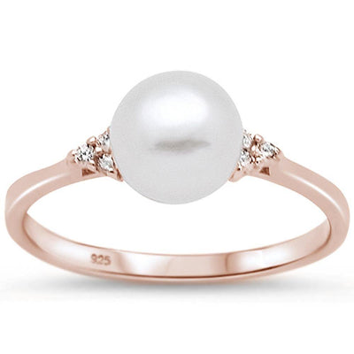 Sterling Silver Rose Gold Plated Fresh Water Pearl and CZ Ring - silverdepot