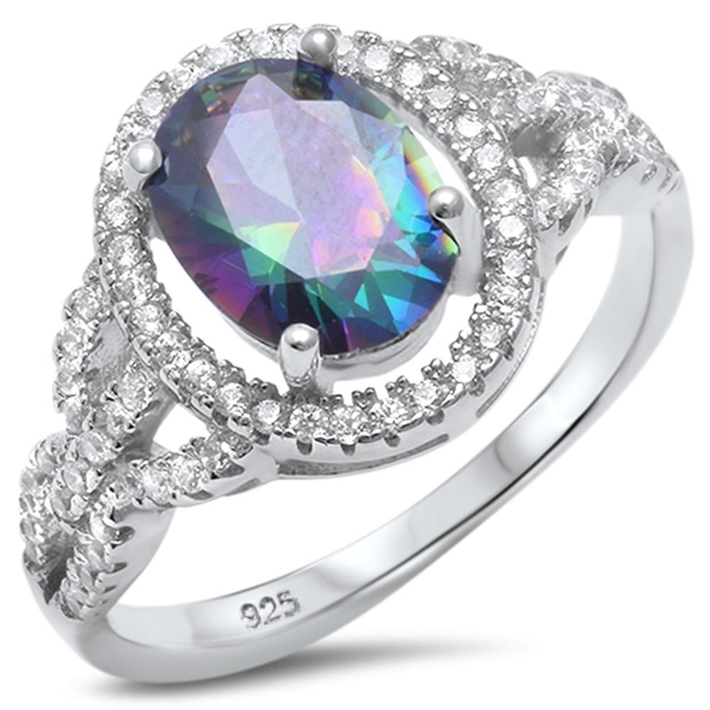 Sterling Silver Oval Rainbow Topaz and Cubic Zirconia Ring with CZ Stones