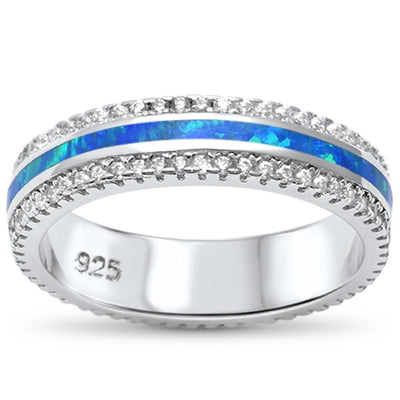 Sterling Silver Channel Set Blue Opal Inlay Band Ring with CZ Stones