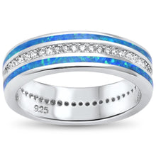Load image into Gallery viewer, Sterling Silver Channel Set Blue Opal Inlay Band Ring with CZ Stones