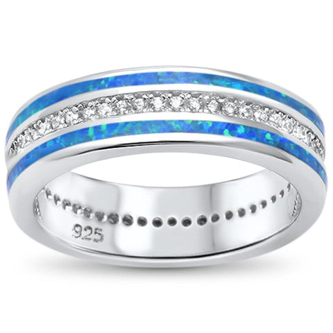 Sterling Silver Channel Set Blue Opal Inlay Band Ring with CZ Stones