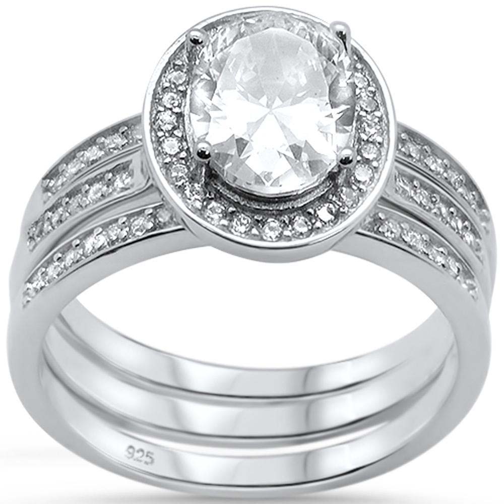 Sterling Silver Oval Three Piece Engagement Ring Set