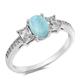 Sterling Silver Oval Natural Larimar Cubic Zirconia Ring