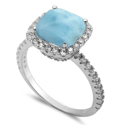 Sterling Silver Cushion Natural Larimar And Cubic Zirconia Ring